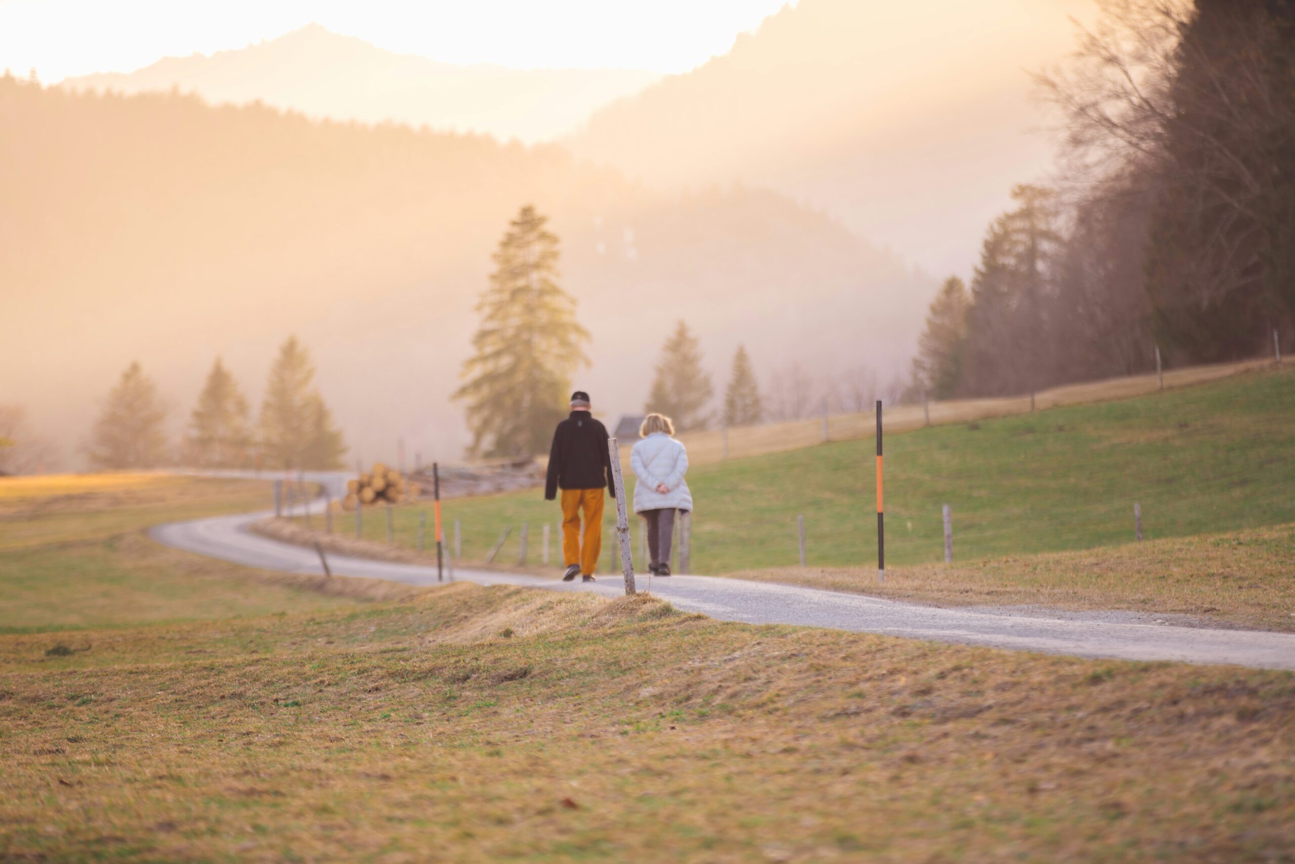 Ein älteres Ehepaar spaziert im Sonnenuntergang